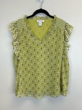 Rachel Zoe Lime Green Floral Print V-Neck Ruffle Sleeveless Blouse Size L Gold